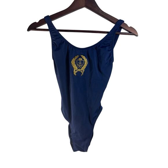 Anne Klein Vintage Swimsuit Navy Nautical Quiet Luxury Cape Cod Gold Embroidered - Picture 1 of 14